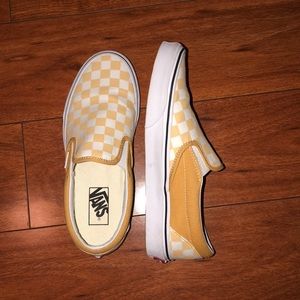White and Ochre Checkered Slip-On Vans